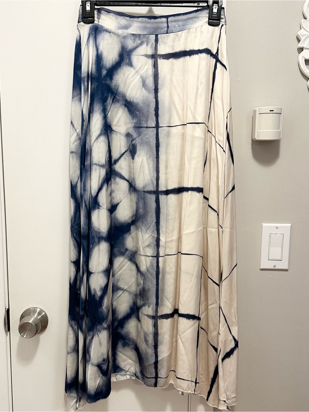 Pan con Tomate Italy Ivory & Blue Grid & Tie Dye SILK Maxi Skirt S Asymmetric